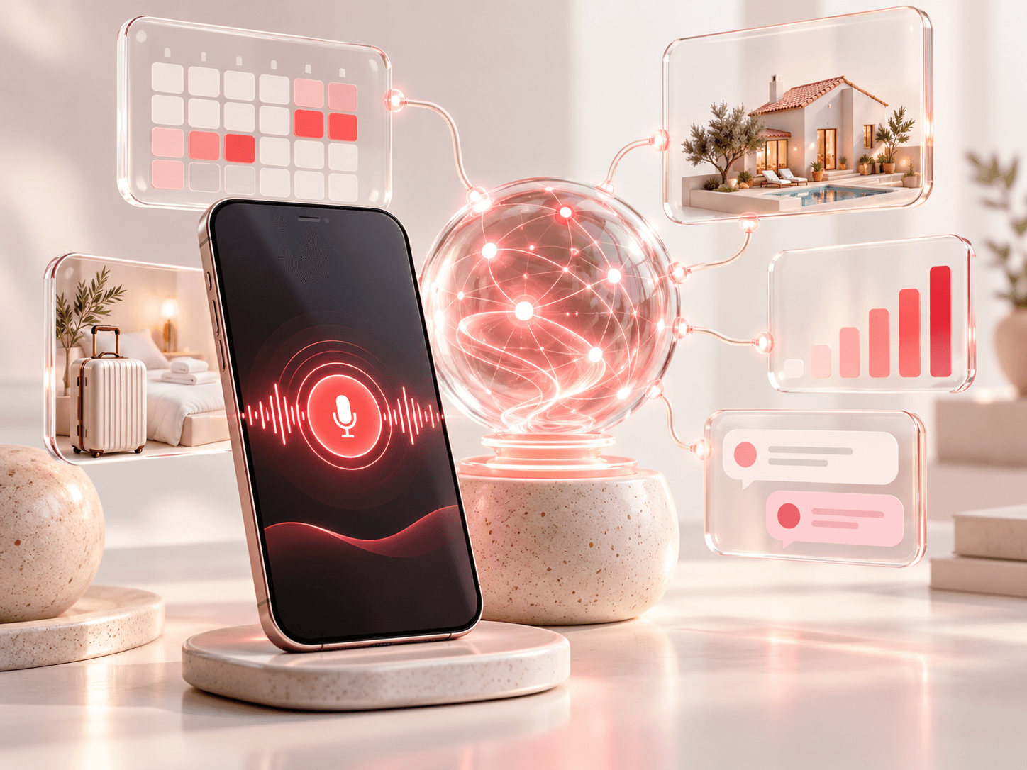 BookNoFees: Un assistente IA con controllo vocale, calendario, casa vacanze e messaggi illustra il futuro della gestione degli affitti turistici.