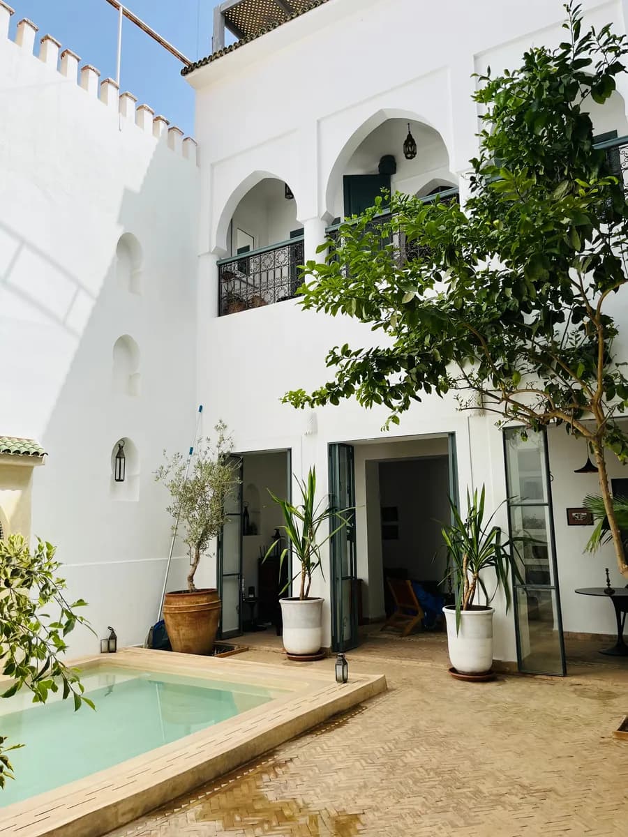 Immagine di esempio BookNoFees: cortile interno di un riad con piccola piscina e piante rigogliose