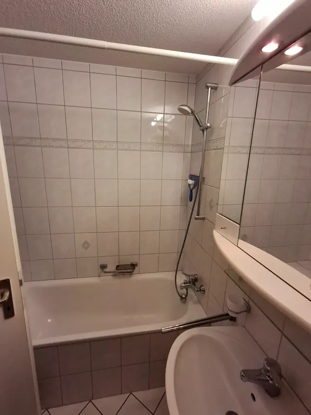 BookNoFees: casa vacanza a Gailingen, Baden-Württemberg, Germania – Bagno con vasca, doccia, lavandino, specchio e pareti piastrellate