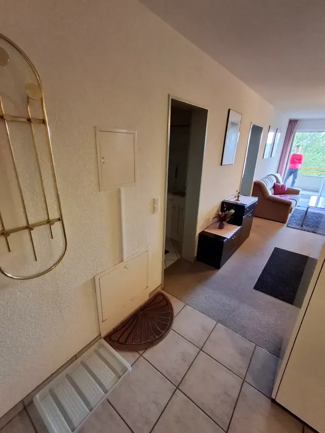 BookNoFees: casa vacanza a Gailingen, Baden-Württemberg, Germania – Corridoio con pavimento piastrellato, specchio e vista sul soggiorno con balcone